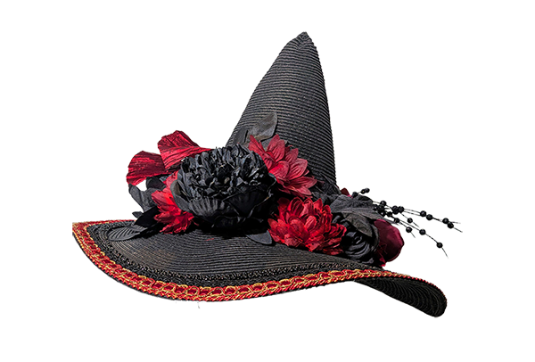 Black handcrafted witch hat trimmed with crimson flowers and braid